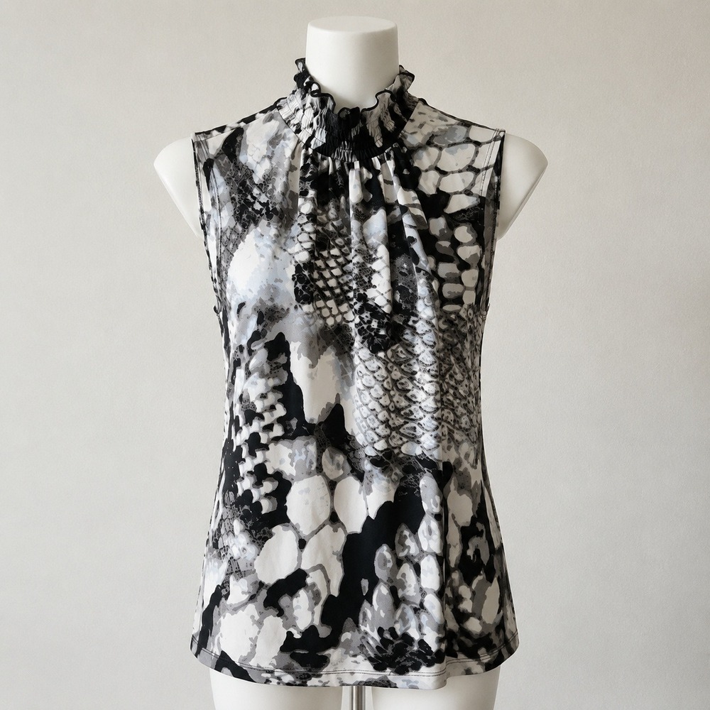 Sere Nade New York Snakeskin Print Smocked Mock Neck Sleeveless Blouse Small